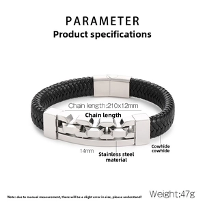 Macro shot of men's braided leather bracelet with stainless steel magnetic clasp detail