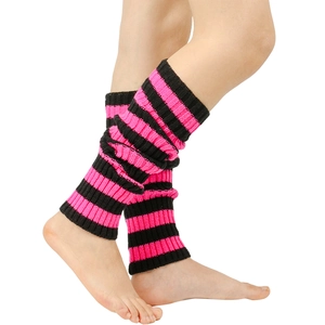 Detailed close-up of rose red and black striped knitted leg warmers with elastic texture
