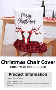 Linen Christmas chair cover with elk print and red plaid ruffle, 50x60cm size detail