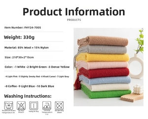 Detail showing 85% wool scarf specs and material information with textured fabric view