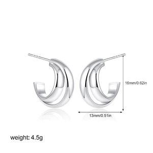 Detailed view of silver C-shaped earrings with 16mm height and 4.5g weight measurements
