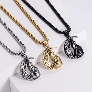 Unisex Viking wolf moon cutout pendants in gold, silver, and black stainless steel