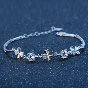 925 Sterling Silver Clover Bracelet Round Zircon Sparkling Colored Gemstone Lucky Jewelry For Women Adjustable Charm