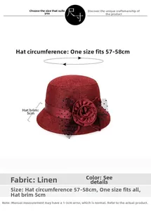 Size chart for women's burgundy linen sun hat with detailed cap and brim measurements
