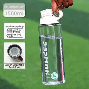 Detail of 1500ml ice grey sports water bottle with leak-proof lid and carry loop