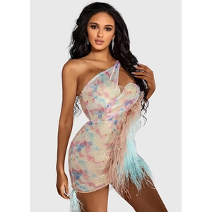 Elegant one-shoulder sequin mini dress with ostrich feather hem in iridescent colors