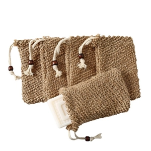 Natural sisal soap bags with cotton drawstring and wooden beads for foaming and exfoliation