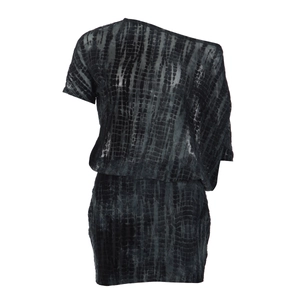 Close-up of asymmetric one-shoulder mini dress with grey cracked pattern and lace-up detail