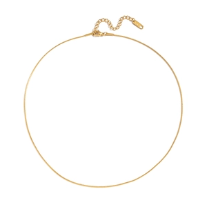 Detail of a gold snake chain necklace with lobster clasp and adjustable extension link