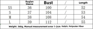 Detailed size chart for women's polyester set with bust and length measurements in centimeters