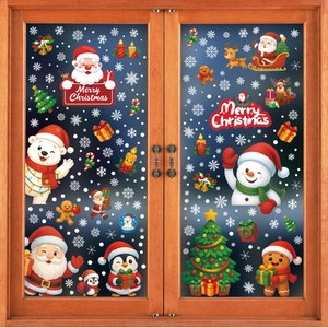Vibrant Christmas static window clings set featuring Santa and reindeer on glass doors