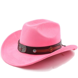 Detailed view of pink western cowboy hat with brown leather band and bull head buckle