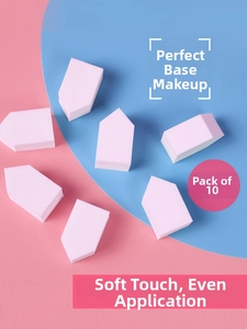 Detail view of 10-piece hydrophilic non-latex pink house-shaped makeup sponges set