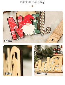 Detalle de la textura de tela y carpintería fina en adornos navideños de madera NOEL