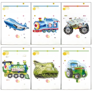 Assorted vehicle-shaped aluminum foil balloons including plane, truck and tank models
