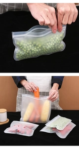 Detail of reusable translucent silicone food bags with secure leakproof zipper closure