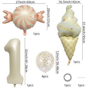 Matte candy and ice cream foil balloon set for birthday party decorations with large number 1