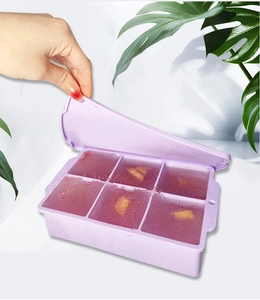 Detail of purple 6-slot silicone ice cube tray with lid showing fruit-filled cubes