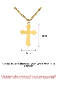 Detailed view of titanium steel cross necklace with dimensions 3x2cm and 40+5cm chain