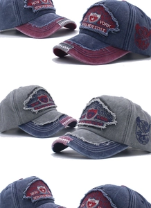 Detailed views of vintage washed baseball cap with contrast panels and embroidery