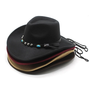 Chapeau De Cow-Boy Western Feutre Large Bord Avec Bande En Cuir Turquoise Artificiel Cordelette Coupe-Vent Réglable Vintage