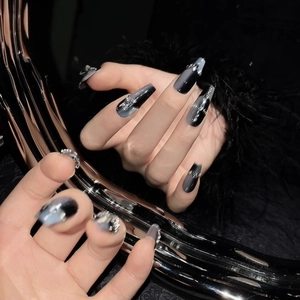 Handmade dark gradient press-on nails with silver metal cross and chain pendants