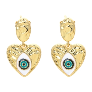 18K gold plated heart evil eye earrings with colorful enamel and hammered metal texture