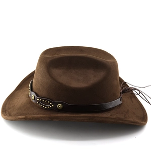 Close-up of brown suede cowboy hat with vintage rivets and decorative leather band