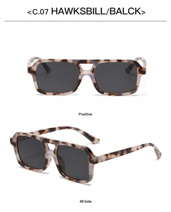 Detailed front and side view of tortoiseshell double-bridge retro square sunglasses