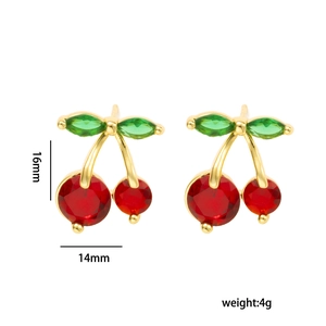 Minimalist red cherry stud earrings with green leaves and gold finish dimensions 16x14mm