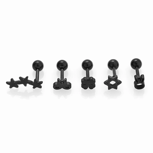 Five-piece black stainless steel cartilage studs set with star and clover shapes
