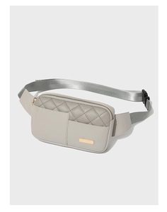 Close-up of light grey PU leather waist bag with quilted stitching and metal zipper detail