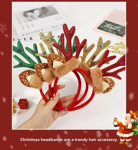 Detail of Christmas reindeer antler headbands with colorful sequins and small jingling bells