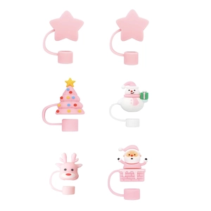 Detailed view of six Christmas silicone straw covers featuring Santa and snowmen