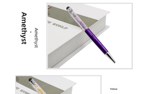 Kristall-Kugelschreiber mit Touch-Funktion und Amethyst-Splittern in zwei Farben