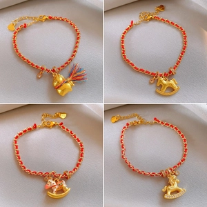 Red Braided Rope Bracelet For Women Gold Plated Copper Rocking Horse Pendant Zircon Heart Chinese Style Adjustable Charm