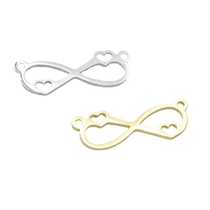 Polished stainless steel infinity heart charms in gold and silver finish on white background