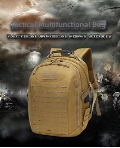 Coyote Brown tactical backpack featuring laser-cut Molle system and external USB port