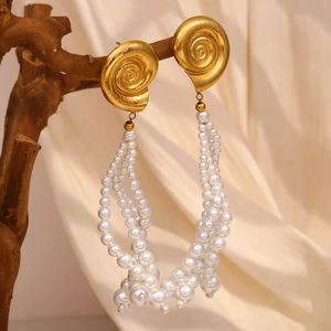 Conch Snail Shell Drop Earrings Stainless Steel 18K Gold Plated White Faux Artificial Pearl Tassel Marine Beach Jewelry For Women