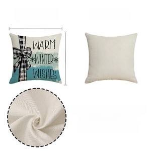 Close-up of 18x18 inch Christmas snowman pillow cover fabric and warm winter lettering