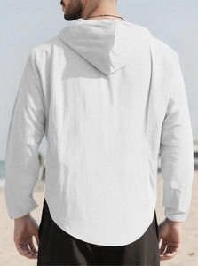 Rear view of men's white hooded long sleeve shirt with waffle texture on beach
