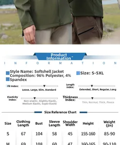 Detailed size chart for softshell hooded jackets with fabric and measurement details