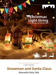 Detail of warm white LED Christmas string lights featuring glowing snowman figures