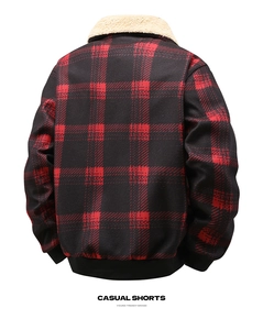 Back view of a red and black plaid jacket with warm sherpa fleece collar and ribbed cuffs