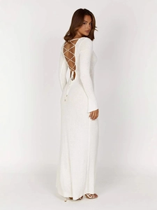 Elegant white backless knit maxi dress with long sleeves and cross strap tie detail