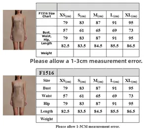 Guide des tailles de la robe moulante F1516 avec mesures de poitrine, taille et hanches