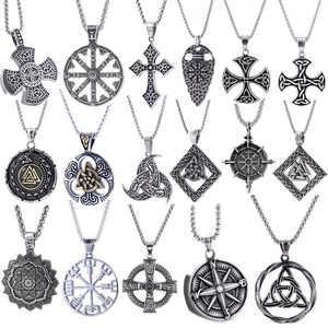 Viking Compass Celtic Cross Pendant Necklace Stainless Steel Norse Mythology Nordic Rune Jewelry For Men Women Vintage