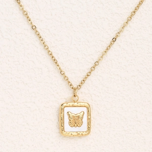 Elegant gold butterfly relief pendant necklace with white shell on square hammered frame