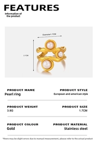 Detailed view of gold stainless steel pearl ring with dimensions 1.7cm diameter and 2.1cm height