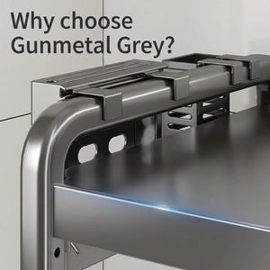 Gun-grey expandable microwave rack with rust-proof finish and smooth rounded edges